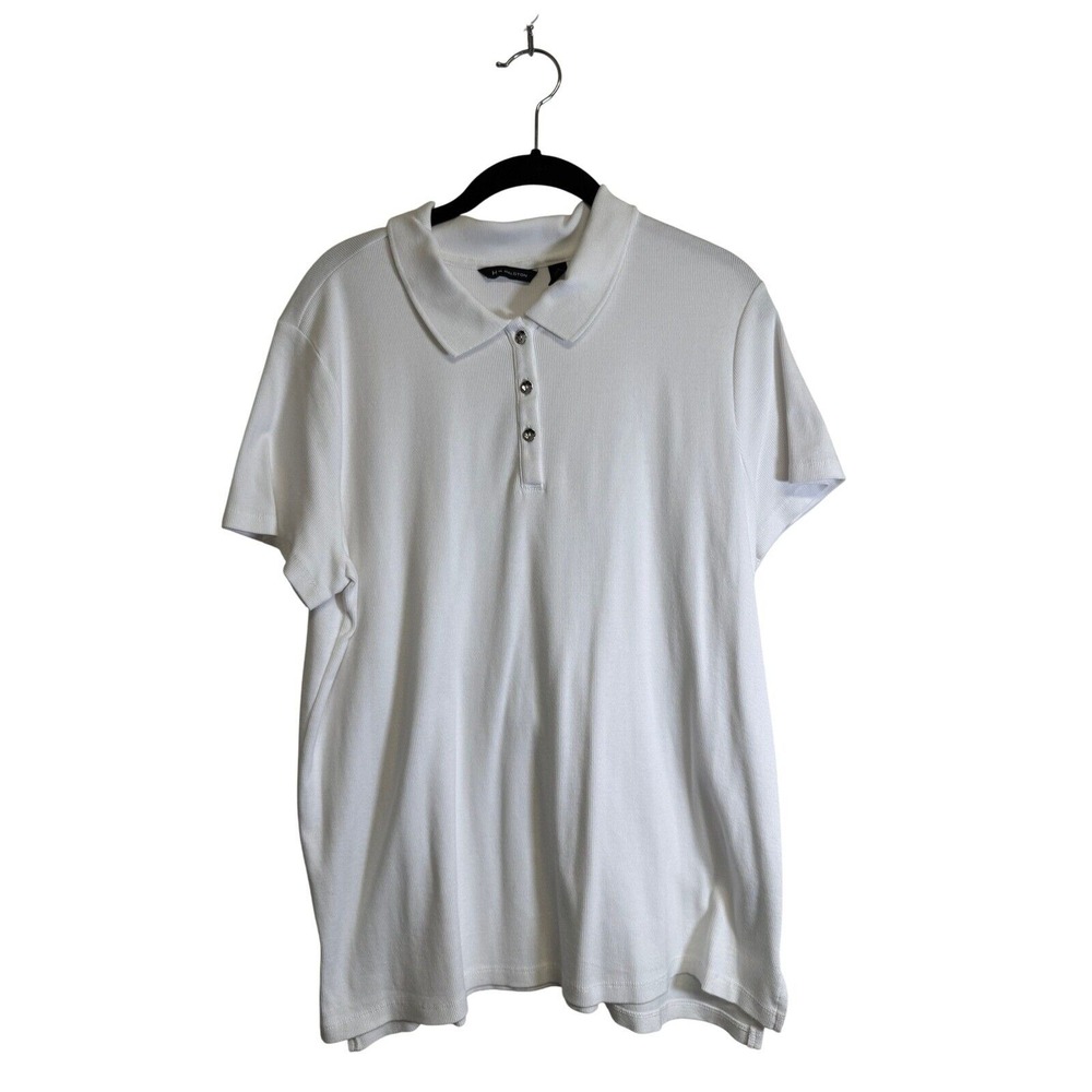 H by Halston White Ribbed Polo Shirt‎ Woman's XL